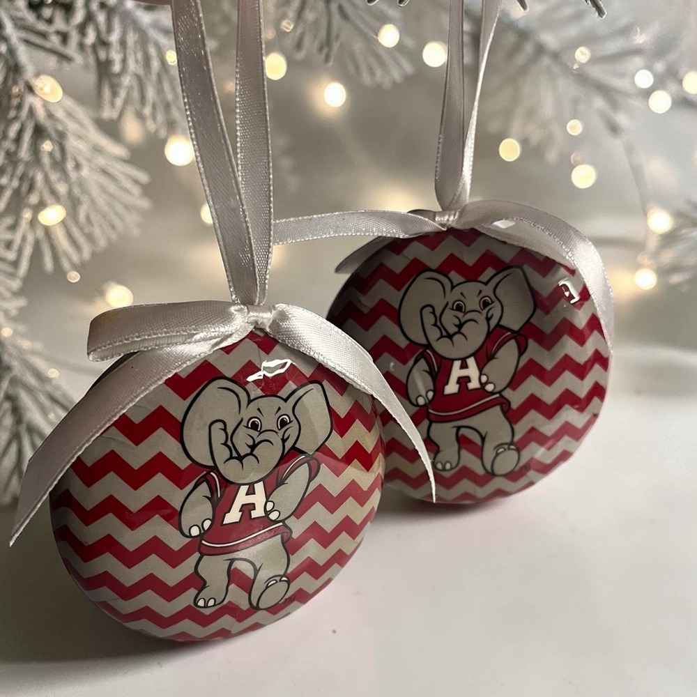 Alabama Bama Crimson Roll Tide Big Al Christmas Circle Chevron Ornaments Set 2